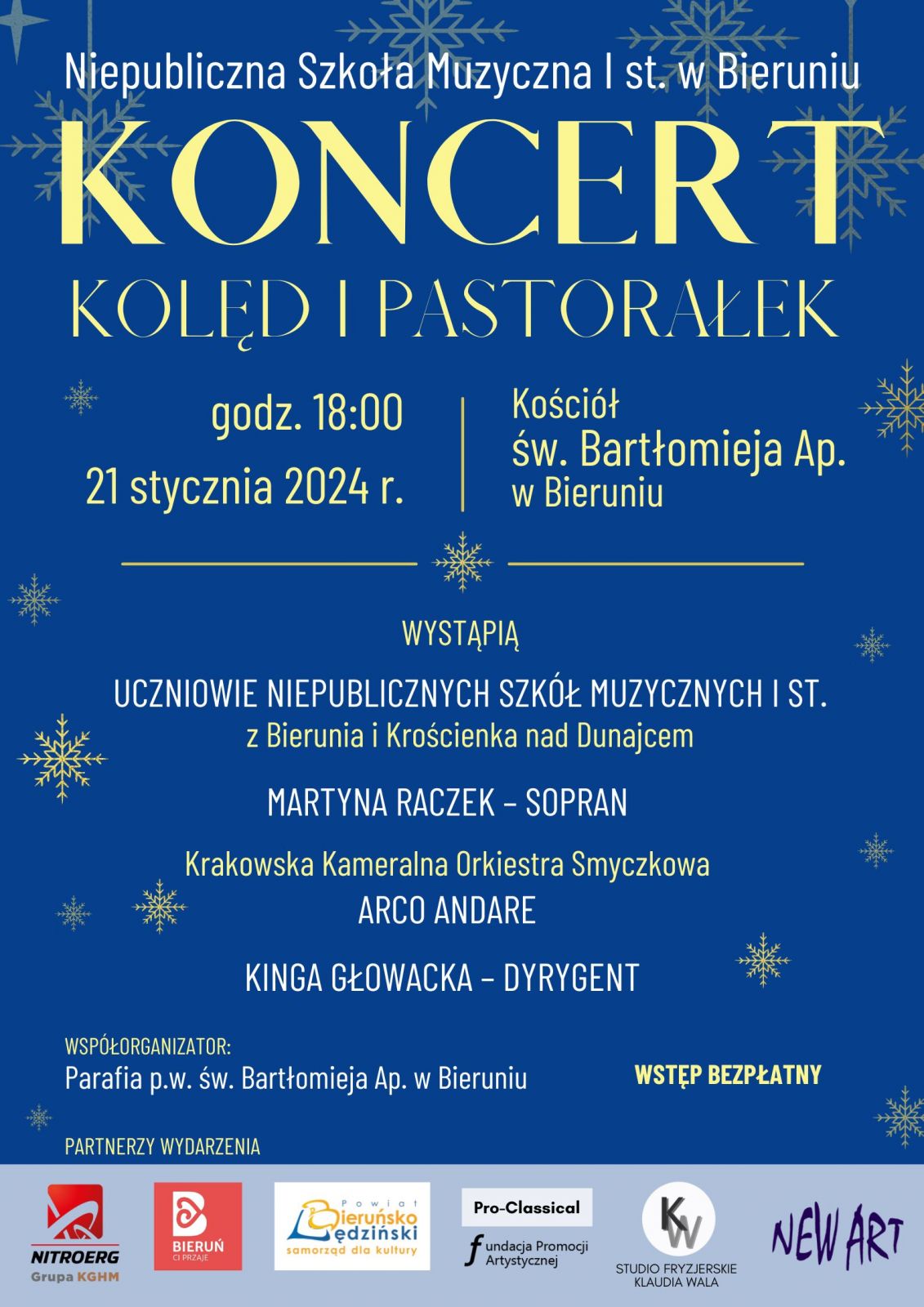 Niebieski plakat informacyjny z białymi i żółtymi napisami